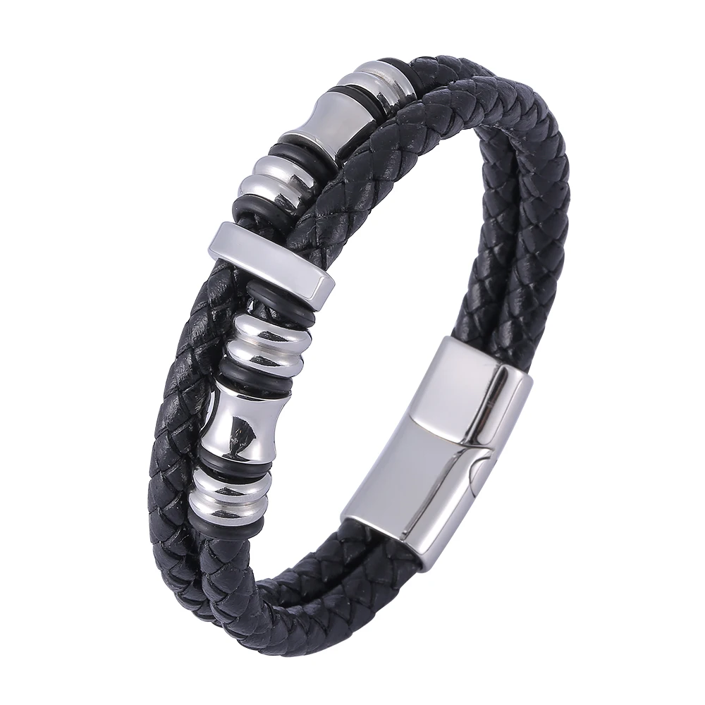 

Fashion Stainless Steel Bracelet Men Double Black Braided Leather Rope Bangle Vintage Male Jewelry Magnet Buckle SP1165