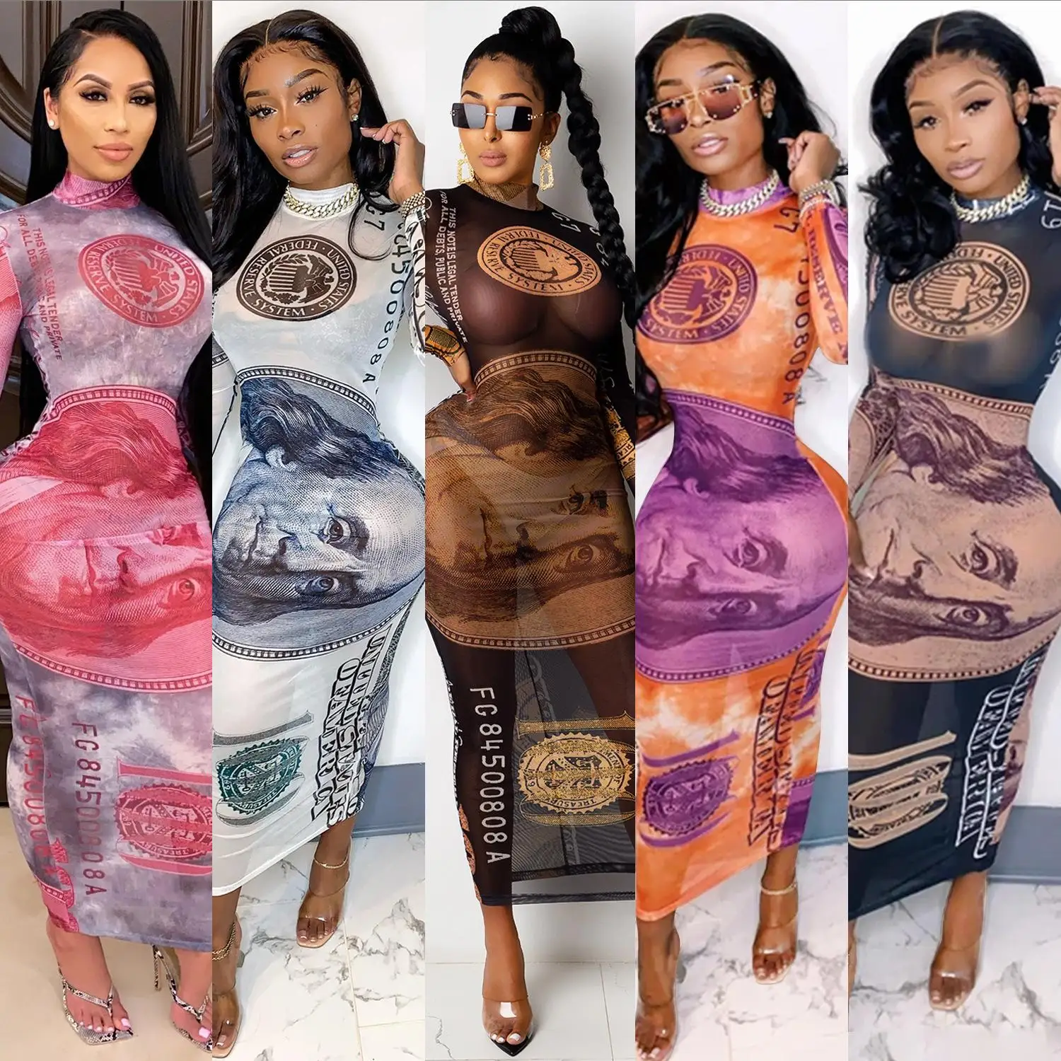 

New Design Autumn Fashion Casual Round Neck Dollar Print Long Sleeve Dresses For Women