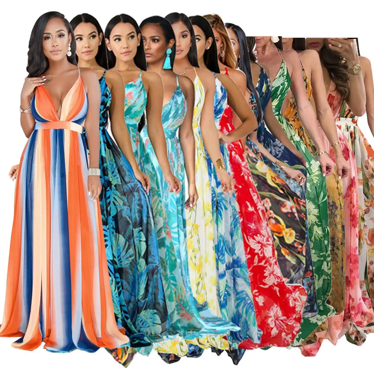 

New Women's Summer Straps Beach Dress Bohemian Flower Long Dress