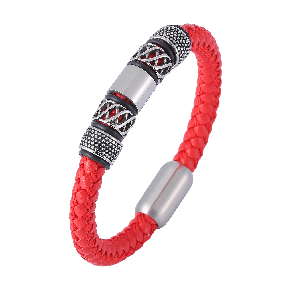 

Punk Red Genuine Leather Bracelet Stainless Steel Vintage Braided Bangles Male Lucky Jewelry Friend Gifts SP1163