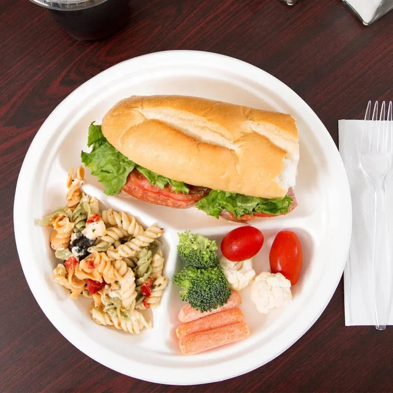 
Compostable Biodegradable sugarcane paper pulp 3 compartment food boxes with lid 