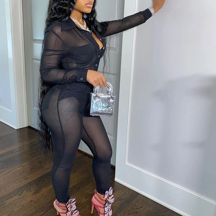 

Black See Through Mesh Sexy 2 Piece Pants Set