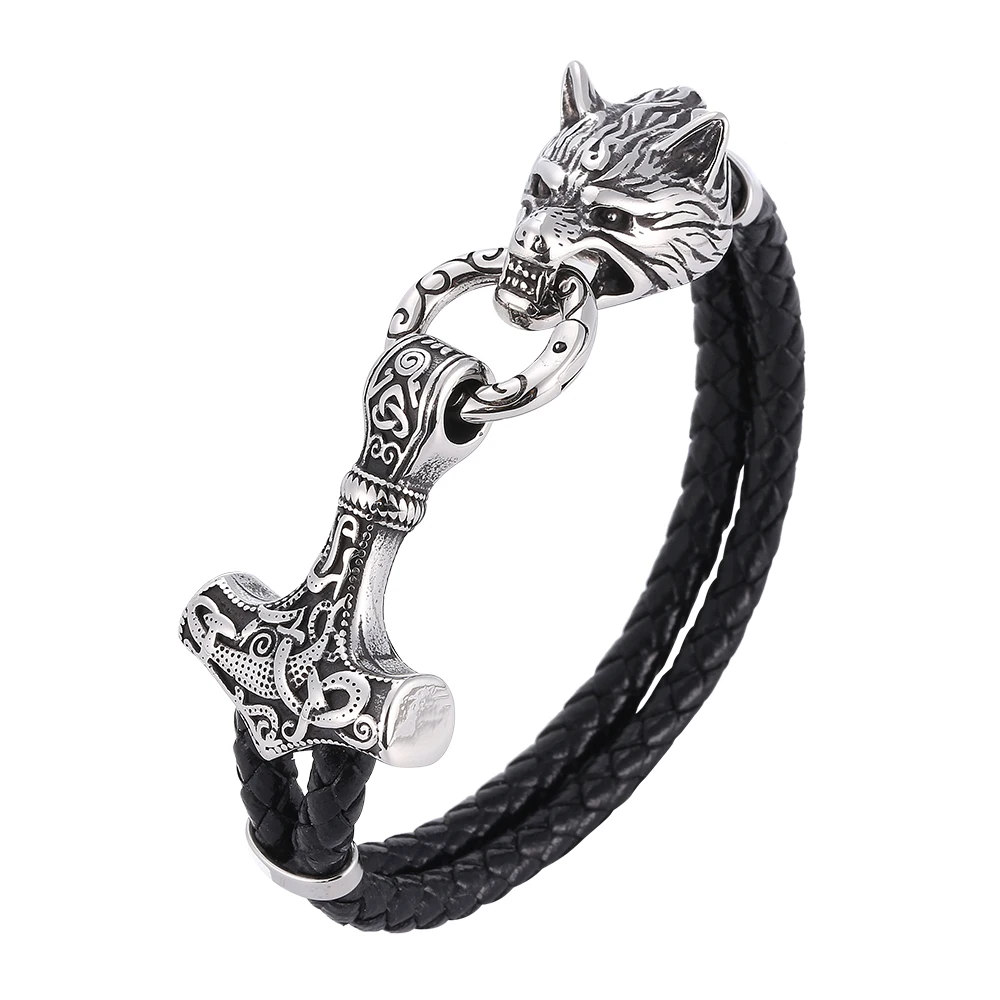 

Stainless Steel Wolf Head Norse Viking Amulet Thor Hammer Men Leather Bracelet Bangle Punk Vintage Male Jewelry SP1088