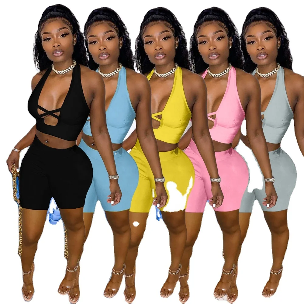 

Pure color custom short sets women two piece sexy hollow womens 2 piece shorts set jogging suit for women two piece short set