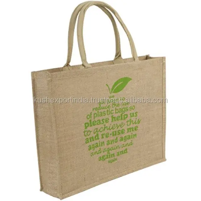Jute Line Tote Shopping Bags With Custom Logos Reinforced Cotton Handle