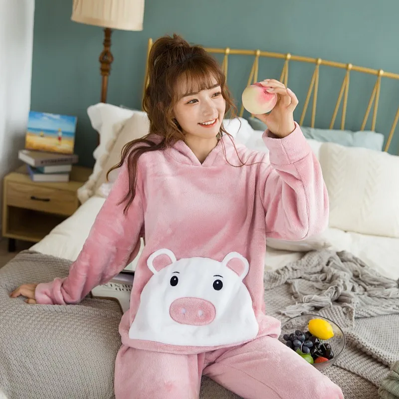 

Fashion Woman Autumn Winter Cute Pig Head Hooded Thick Coral Velvet Pajamas Flannel Home Pajamas, As the picture display(many colors)