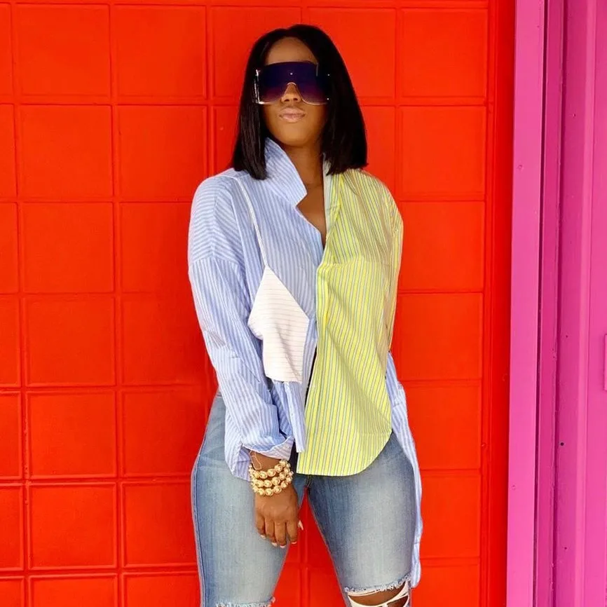 

Fashion Irregular Hem Striped Long Sleeve Fall Ladies Top Clothing Shirts Blouse Casual Patchwork Shirt Tops For Women, Blue