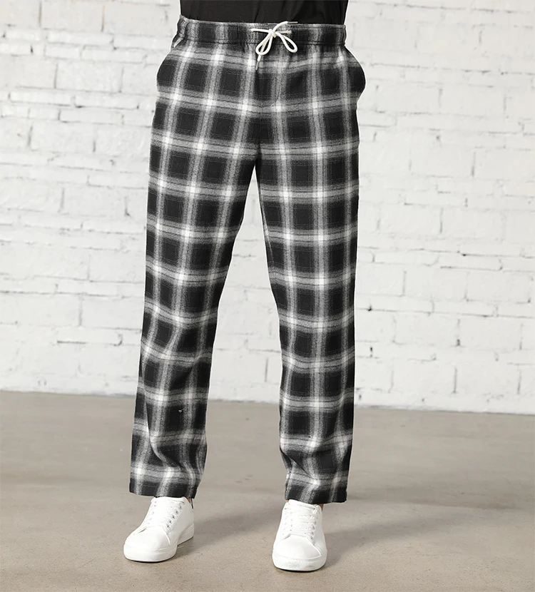 

2021 Autumn Winter Thick 100% Organic Cotton Elastic Waist Black White Squares Unisex Plaid Casual Men Pants, Picture
