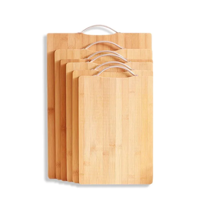 

Ready to ship amazon hot 4pcs size Metal Handle Bamboo Wood Chopping Cutting Board wholesale