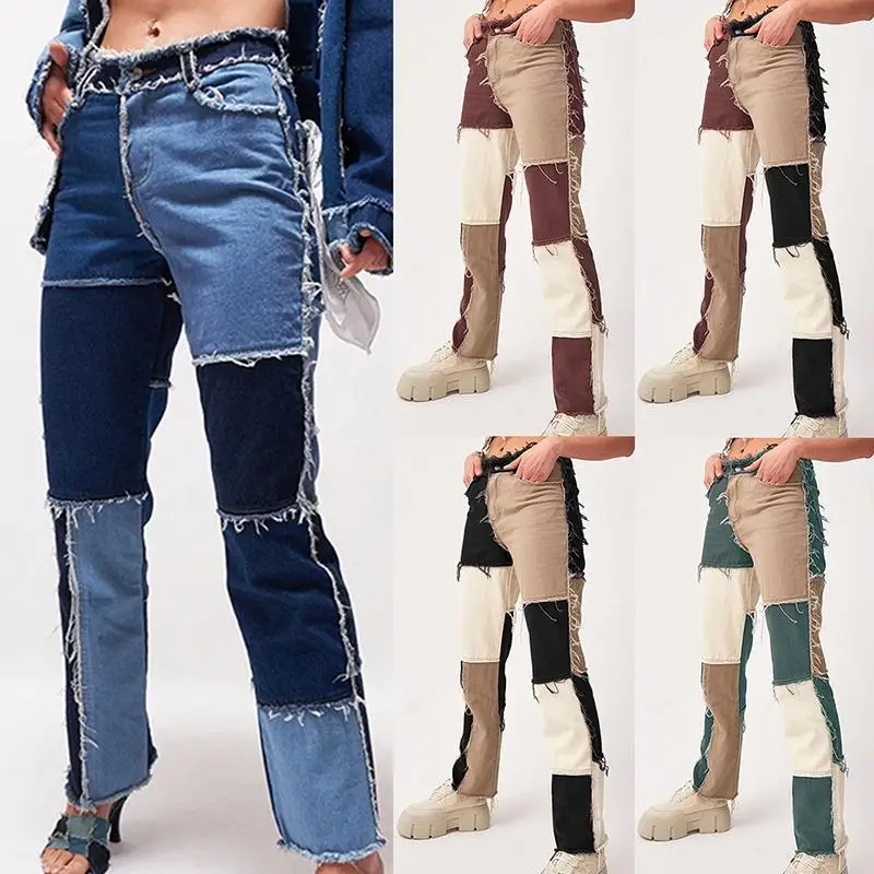 

Hip-hop Punk Jeans High Waist Pants Autumn Winter Street Casual Wear Trousers Contrast Patchwork Female Tight Pencil Pant