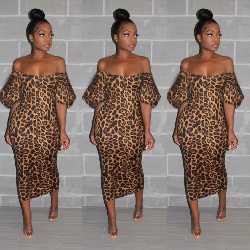 

Women Clothing Off Shoulder Leopard Print Midi Dress Puff Sleeve Bodycon Floral Fashion Party Nighty Sexy Dress Hot Sale Rs00061