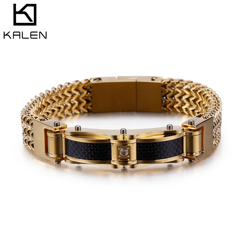 

KALEN 210*13mm Stainless Steel Zircon Gold Chain Charm Bracelets For Men, Gold color