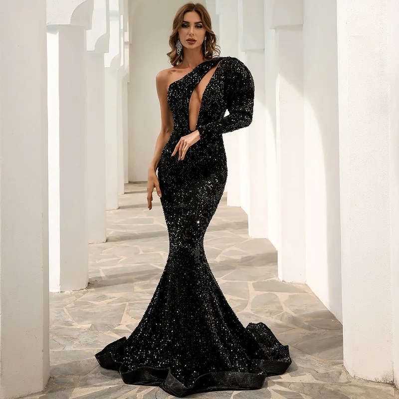 

One Shoulder Black Evening Dress Gown Leg-Of-Mutton Sleeve Prom Dress Women Party Long Evening Dresses
