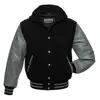 2019 BLACK Wool HOOD Varsity Letterman Bomber Jacket GREY Pure Leather Sleeve & RIB - Wholesale Price