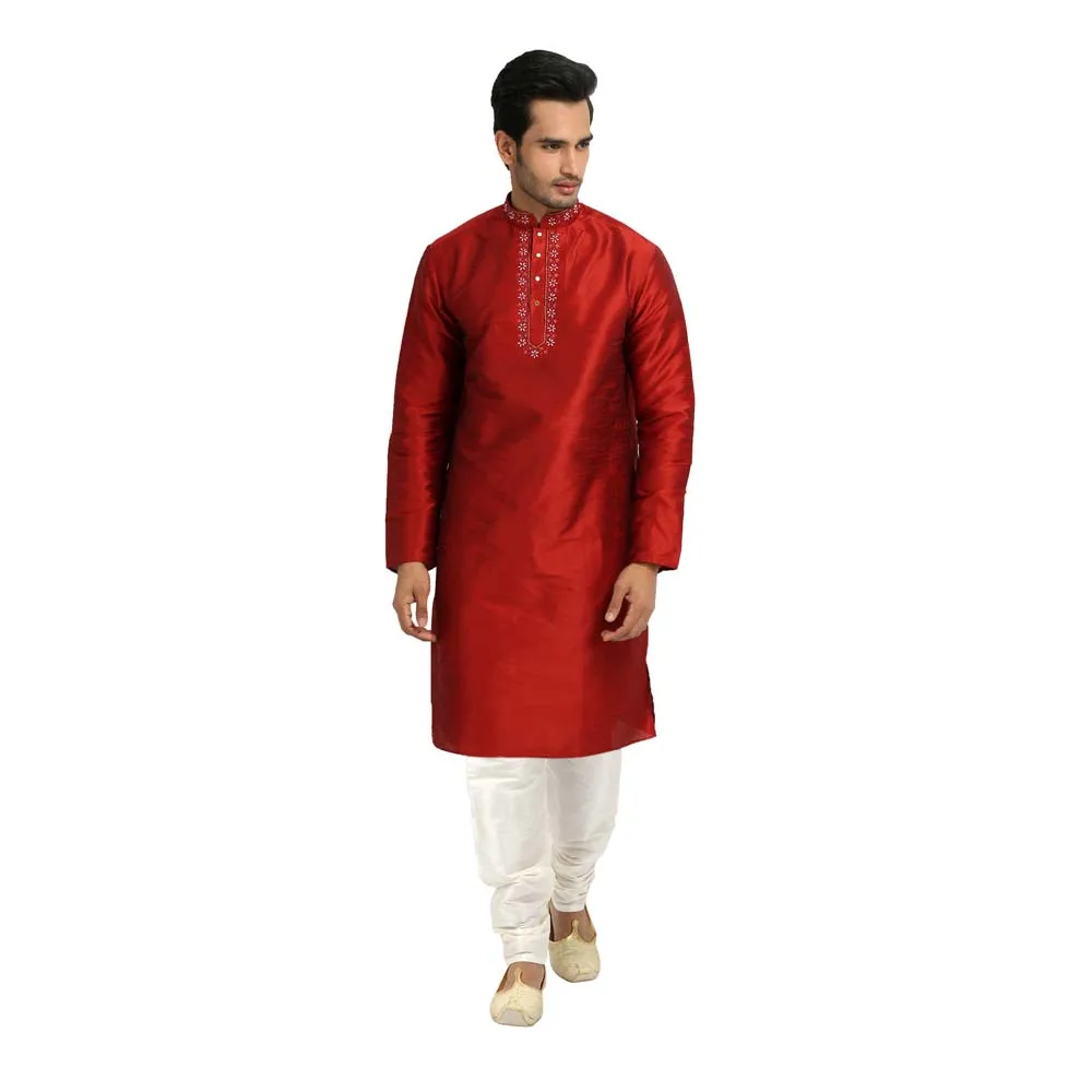 
Saris And Things Maroon Kurta Pajama Sherwani Indian Ethnic Wear For Men Embroidery Work Kurta Crafted In Raw Silk 