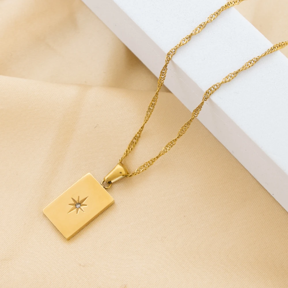 

18K Gold Plated Stainless Steel Starburst Rectangle Pendant Necklace Zircon Star Necklace for women