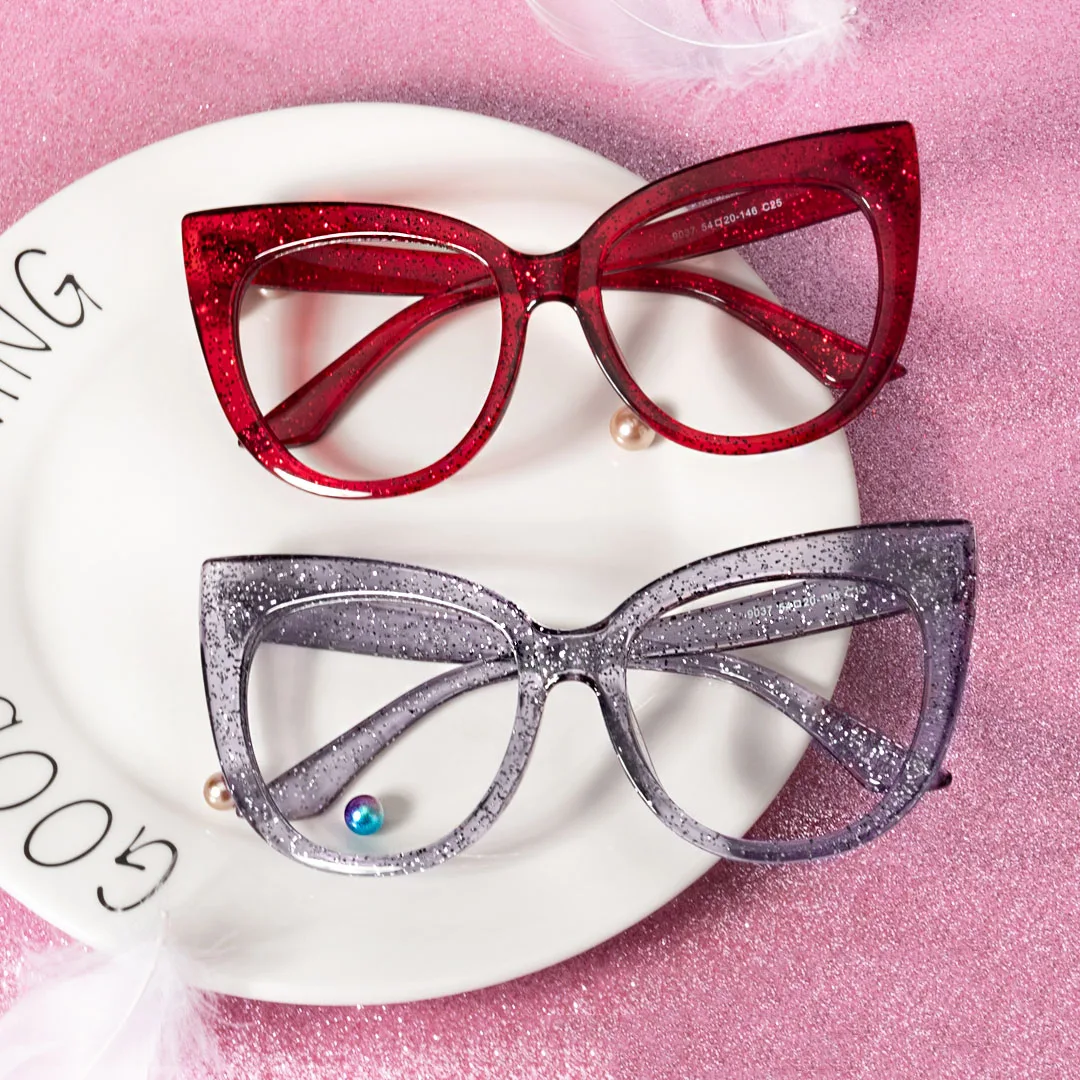 

customized ready stock latest no MOQ full rim charming glitter cateye Acetate eyeglasses frame for women, Multi colors
