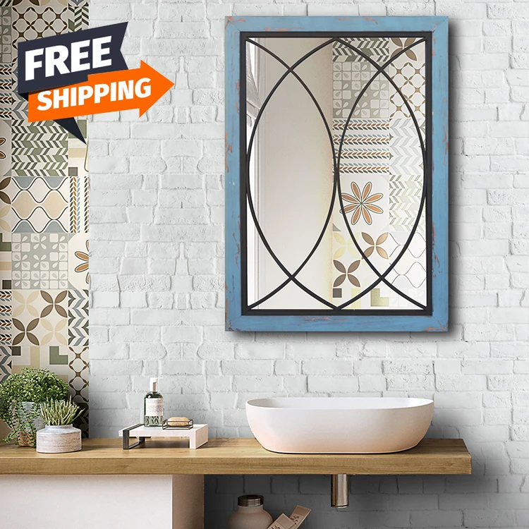 

Free Shipping Distressed Window Pane Wood Framed Square Vintage American Country Wall Mounted Mirror, Brown