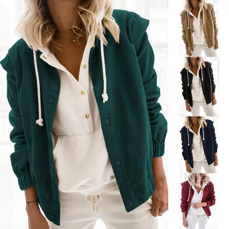 

2021 Autumn And Winter Simple New Pure Color Corduroy Cardigans Casual Loose Long-sleeve Lapel Coat Women