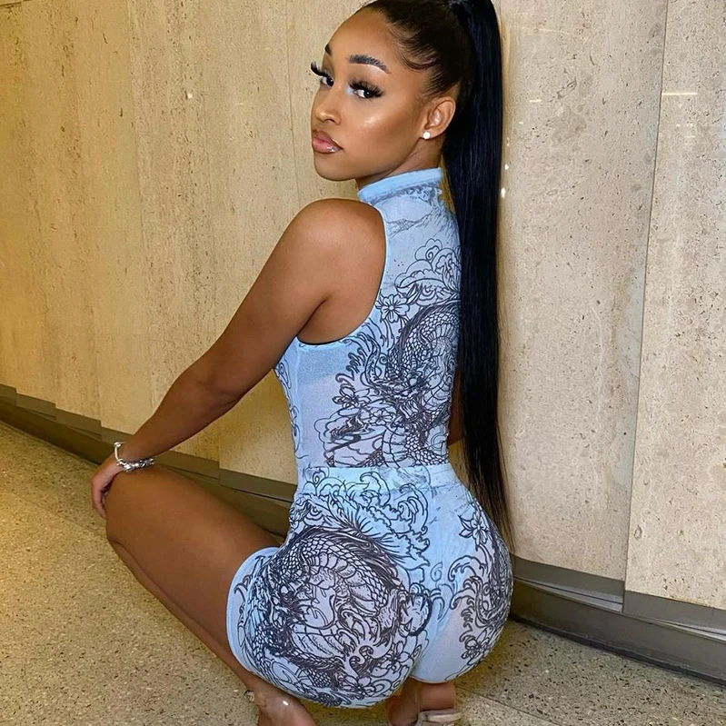 

Kale NZ101 two-piece set women clothing 2021 new arrivals Sleeveless tight fashion printed Breathable mesh party suit wholesale