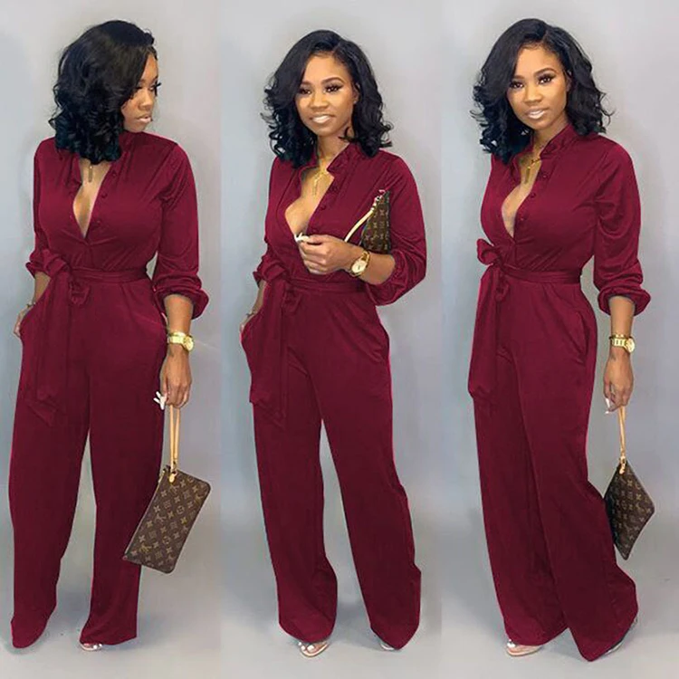 Stand Collar Tie Wrap Solid Color Long Sleeve Jumpsuits For Women