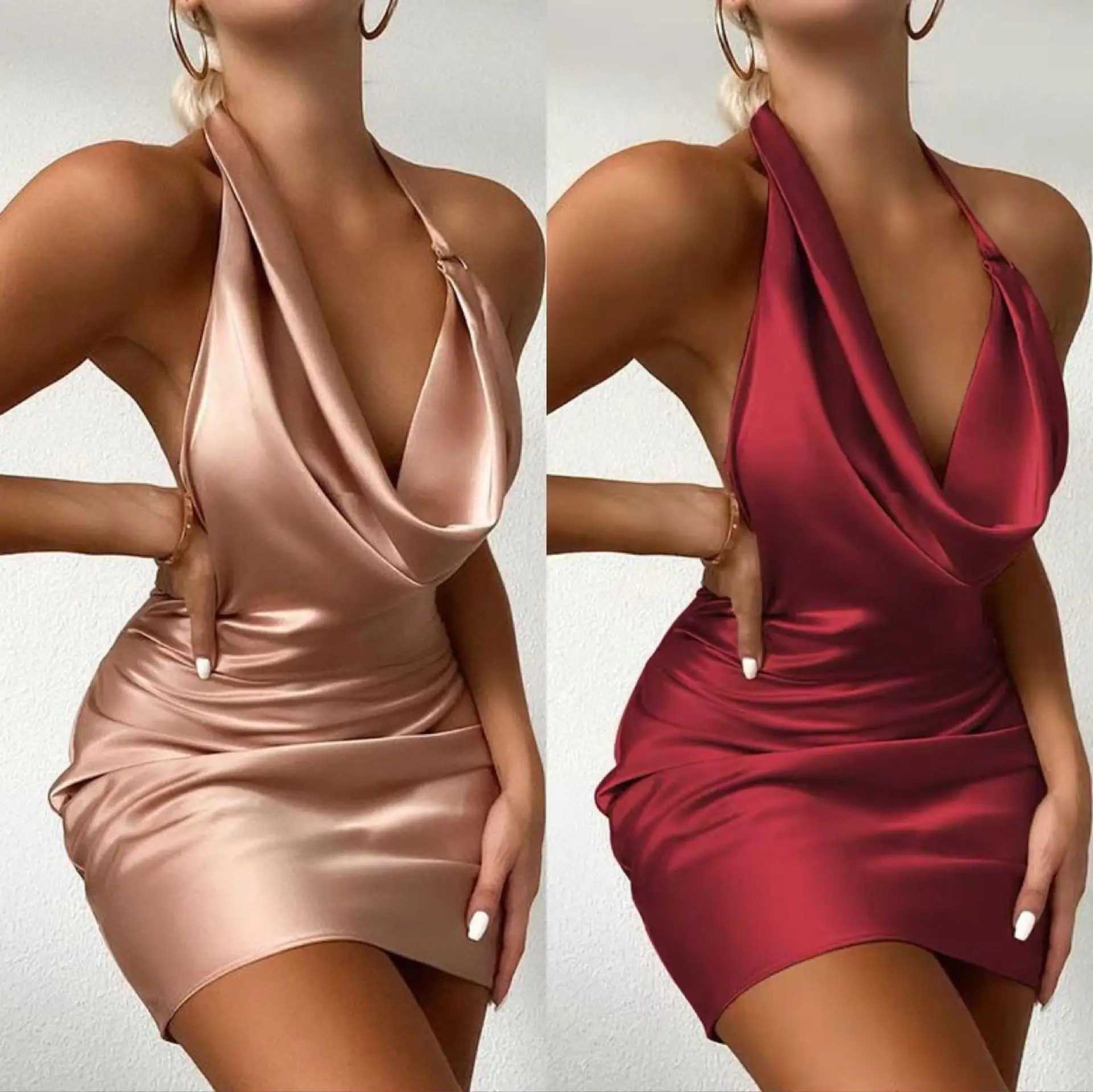 

New Arrival Christmas Stylish Women Clothing Sleeveless Mini Sexy Bodycon Casual Dress Cowl Neck Satin Ruched Party Dress
