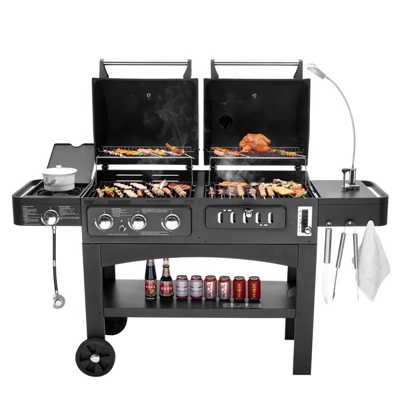 

IT-4518 garden barbecue grill trolley outdoor bbq rotisserie grill easy assembled bbq smoker oven large size grill machine, Black