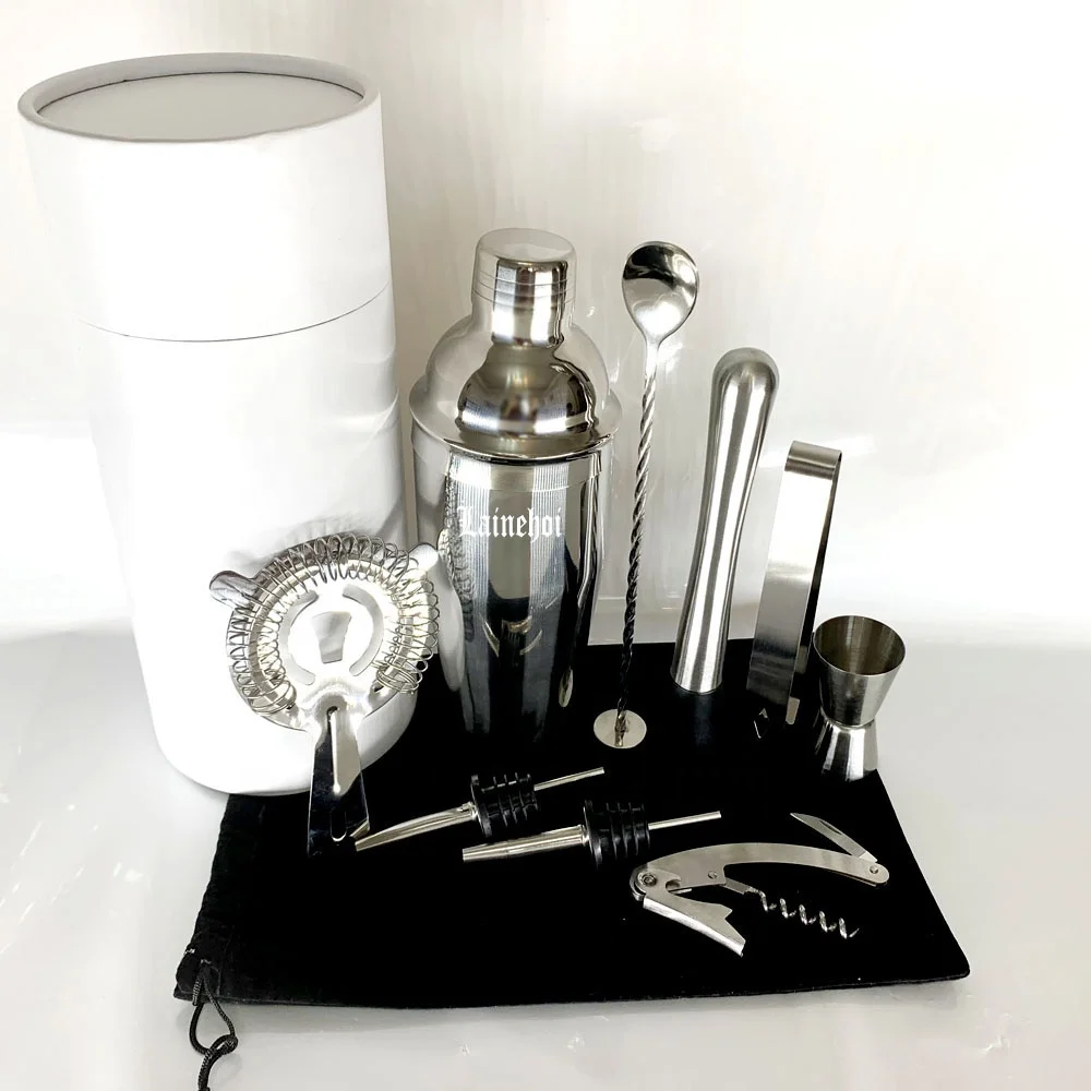 
Factory Customize 9pcs Home Bar Food Grade SS304 Stainless Steel Mixology Bar tools Bartender Kit Cocktail Shaker kit 