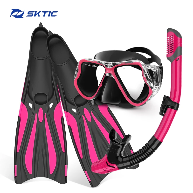 

SKTIC High Quality diving mask with snorkel fins diving set silicone and tempered glass swimming goggles with snorkel dive fins, Black red