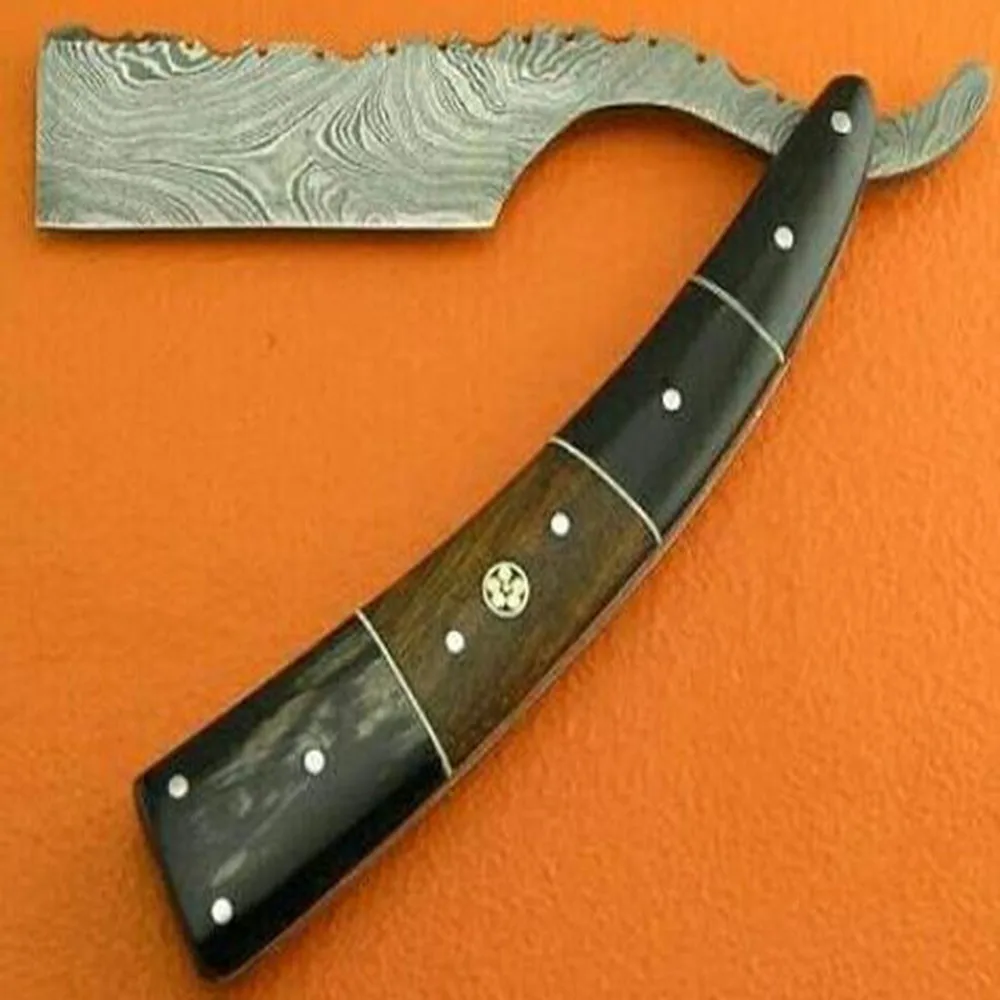 切喉手工大马士革直剃刀骆驼骨和水牛角手柄