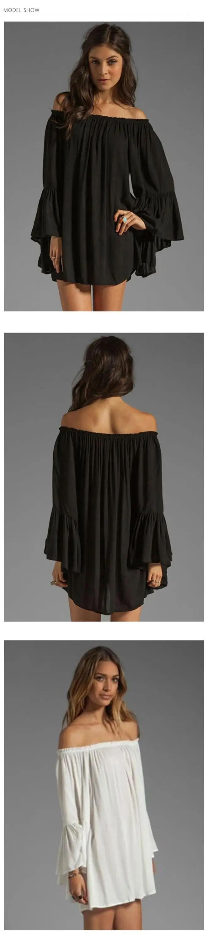 Spot new word shoulder loose chiffon sexy long sleeve dress Women