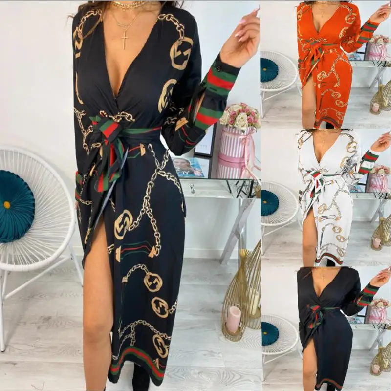 

2021sexy Summer Lady Long Party Deep V-neck Belt Girl Maxi Long Slevess Loose Club Night Womens Luxury Chain Famous Brand Dress