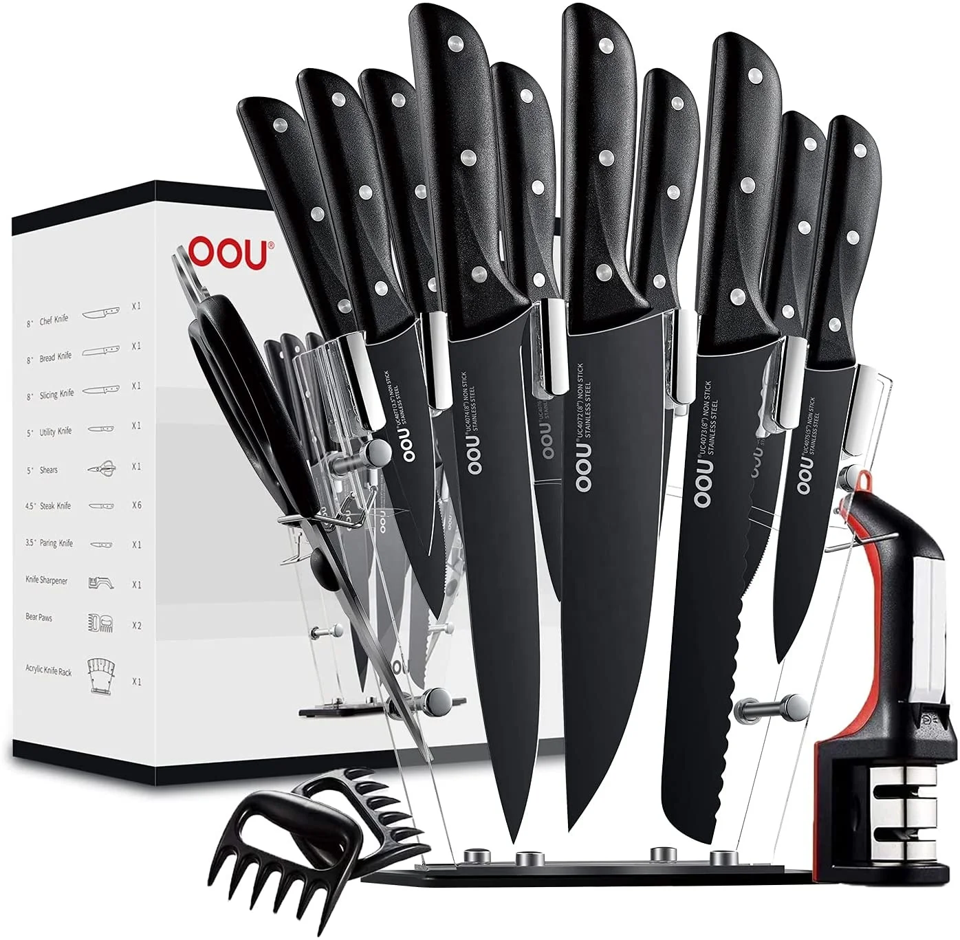 

BO TECH Ultra Sharp Black Chef Series 15pcs Kitchen Knife Set Stainless Steel Design with Sharpener