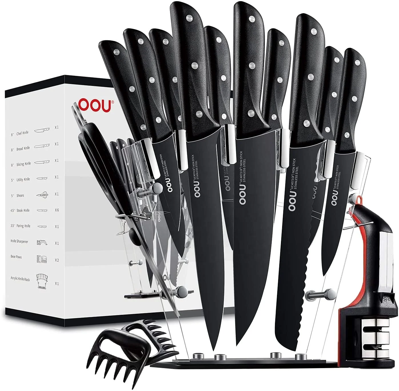 

OOU BO Chef Series Kitchen Knives Set with Knife Sharpener Home TECH Black Hero 17 Pieces Kitchen Knife Stainless Steel Support