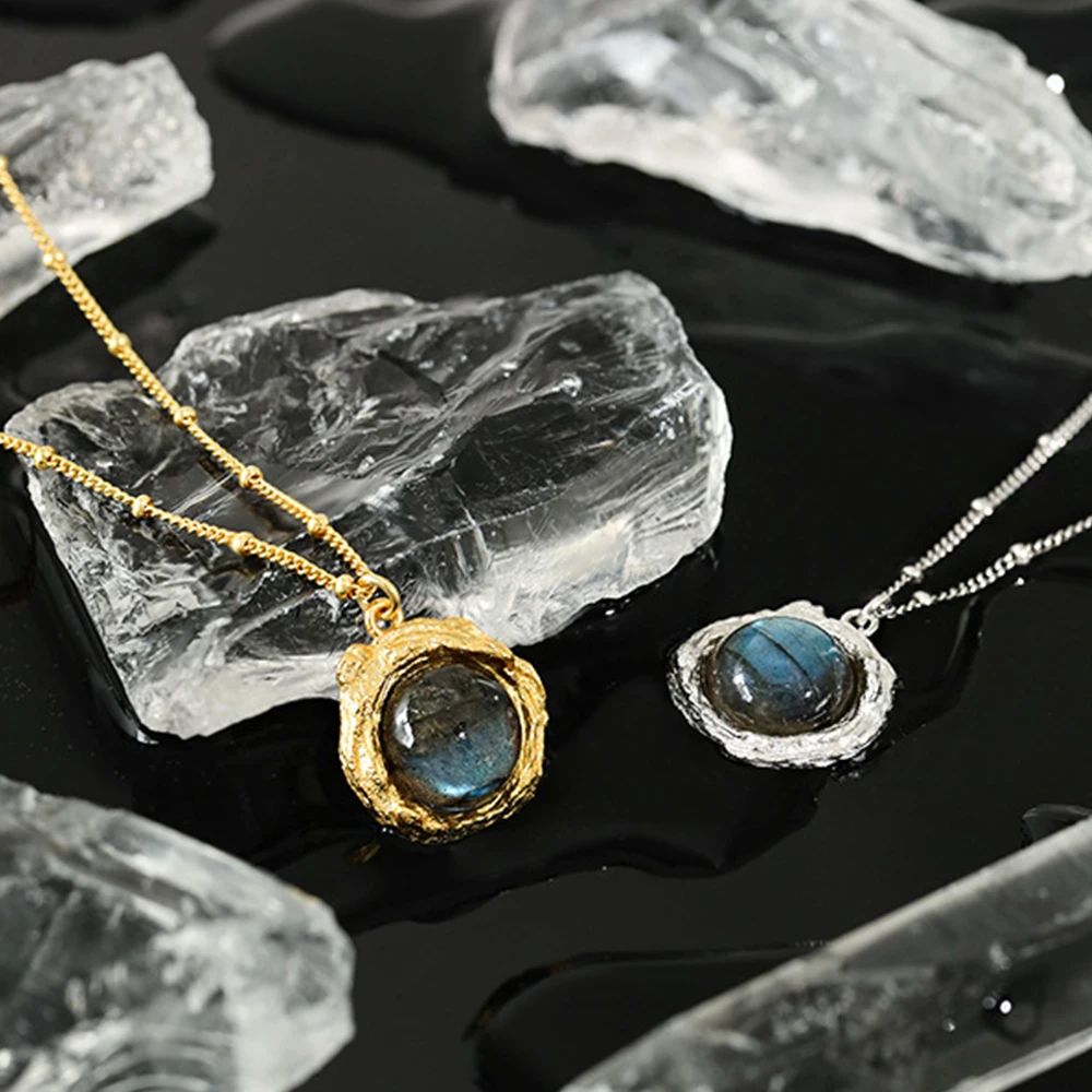 

2021 New Arrivals 18k Gold Plated Jewelry 925 Sterling Silver White Crystal Labradorite Gemstone Pendant Necklace For Women