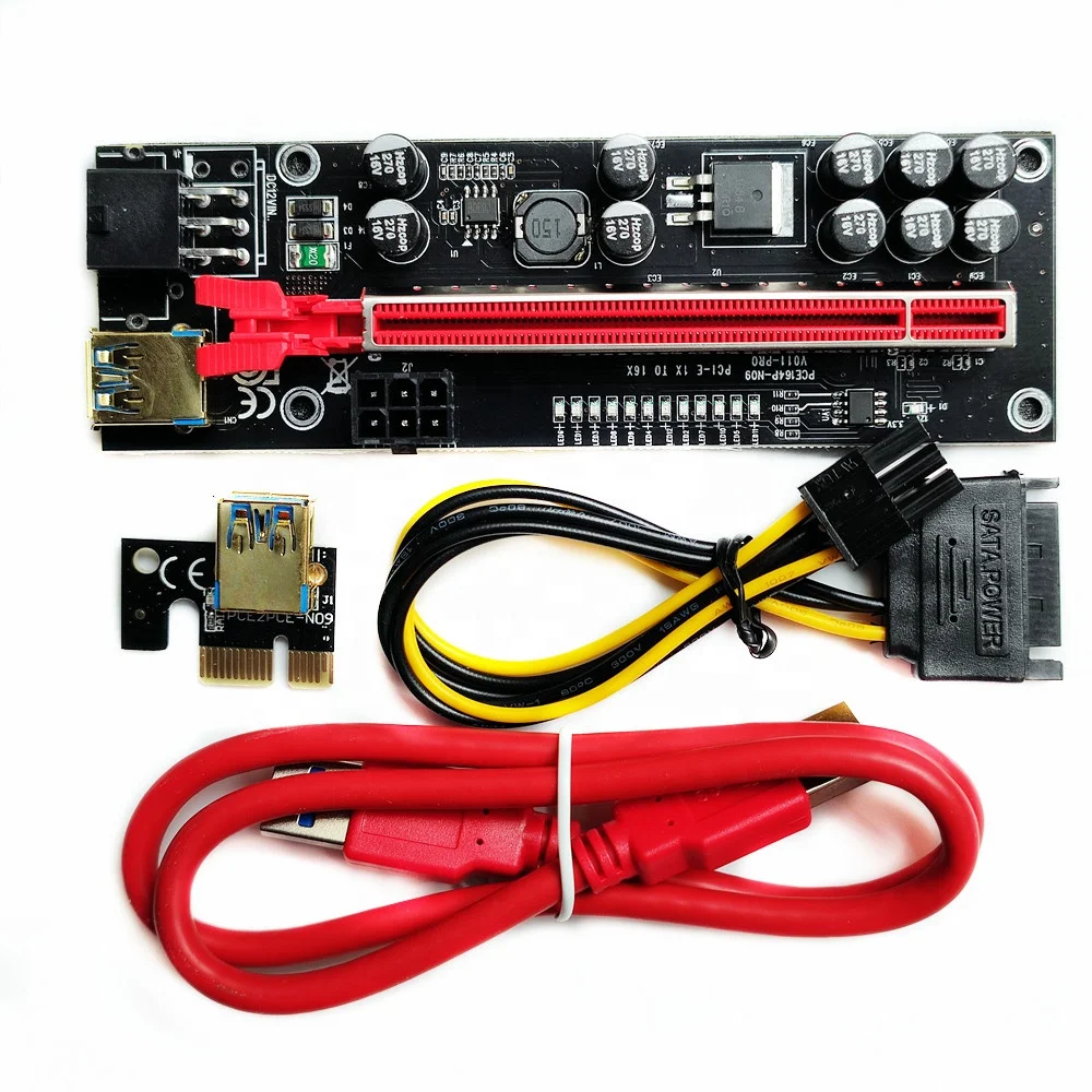 

Newest VER-11 Pro PCI-e 1X 16X Riser VER11 Pro Dual 6Pin Graphics Card GPU Riser Card With 10 capacitors, Black