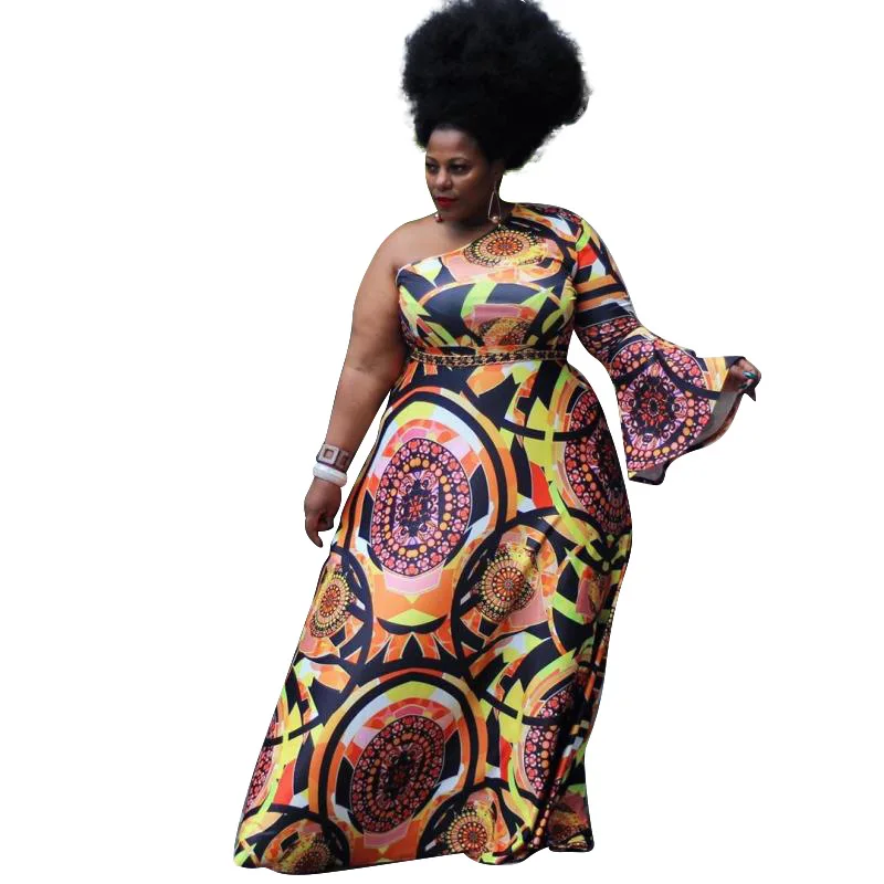 

autumn new fashion plus size dresses summer one sleeve color blocl aftican printed dress, Customized color