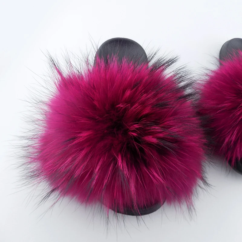 

Fluffy women fur slippers raccoon fur slides, Red,blue ,green ,orange ,brown