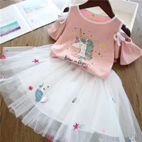 

Summer off-the-shoulder unicorn T-shirt + tulle skirt suit sweet girl's clothes wholesale children's boutique clothing