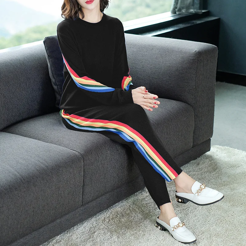 

New arrival crew neck long sleeve rainbow jumper and long pants twin set