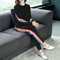 

New arrival crew neck long sleeve rainbow jumper and long pants twin set