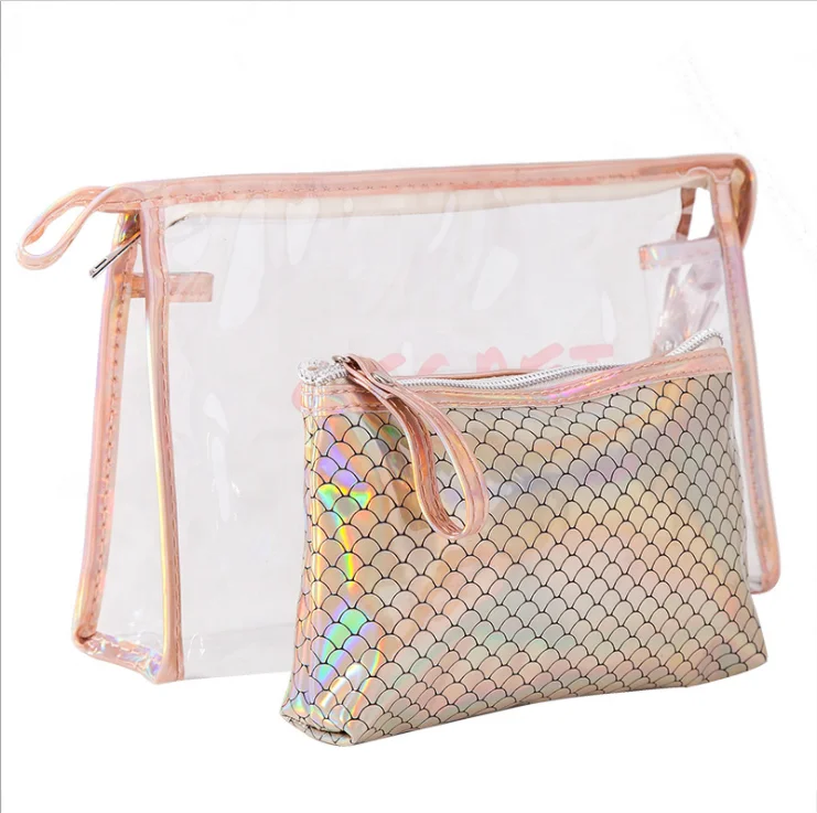 

2pcs Mermaid Makeup Bag Set PVC Laser Cosmetic Portable Travel Toiletry Bag, Pink, brown, hot pink, white