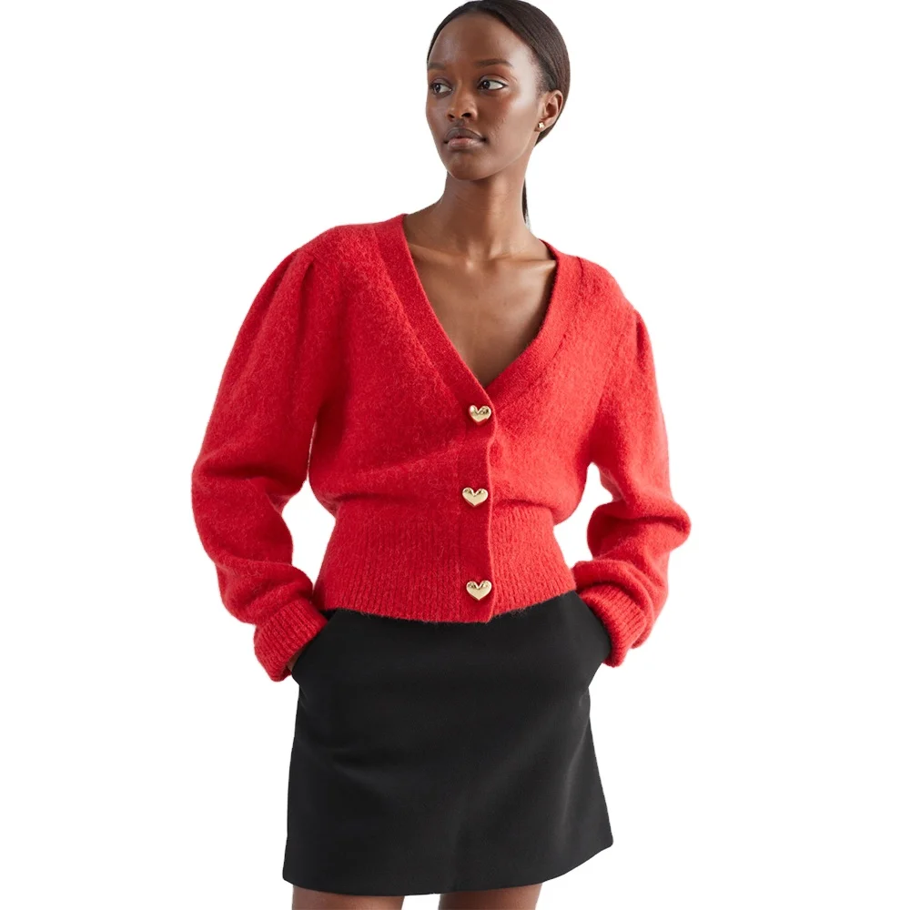 

2021 Wholesale Custom Women's sweater long sleeve knitwear Heart Button wool Blend woman Wool cardigan sweater