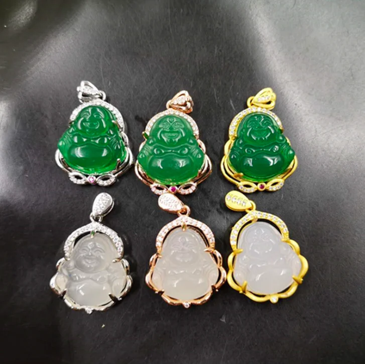 

jialin jewelry 2020ins 925 silver green small mini laughing agate jade Maitreya buddha pendant necklace