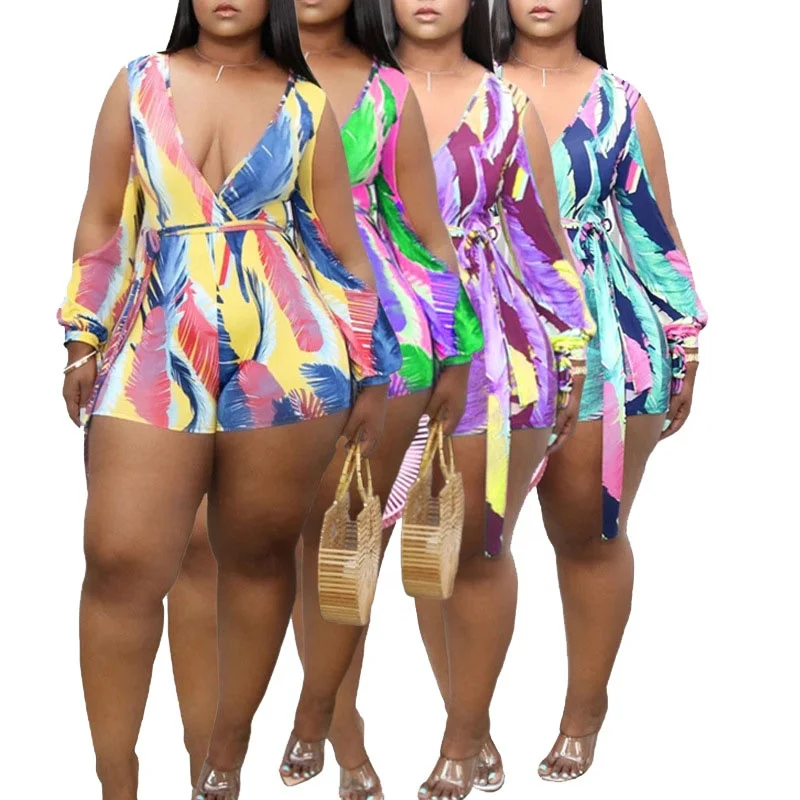 

LANOZY Summer Fashion Feather Printed Women Jumpsuit V Neck Short One Piece Jumpsuit, Yellow,green