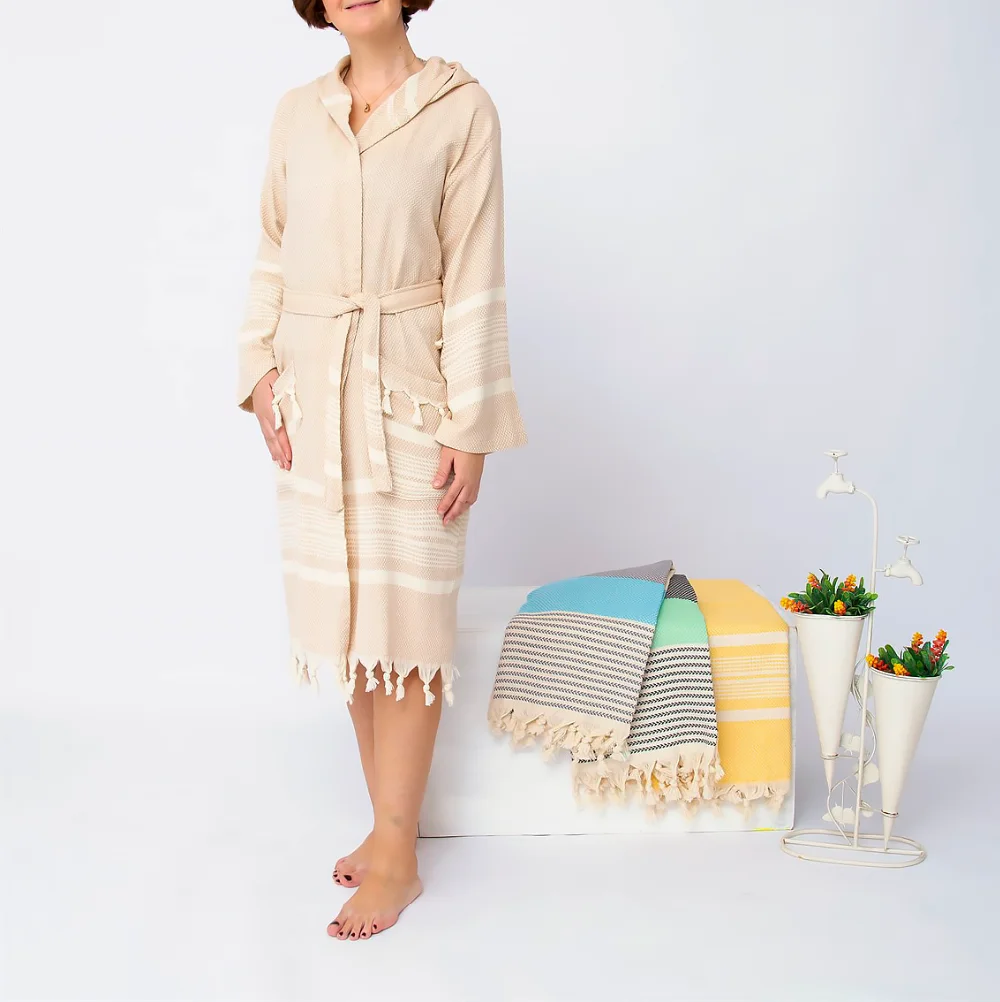 Turkish Towel Bathrobe 100 Cotton Good Quality Fringed Hooded Bathrobe