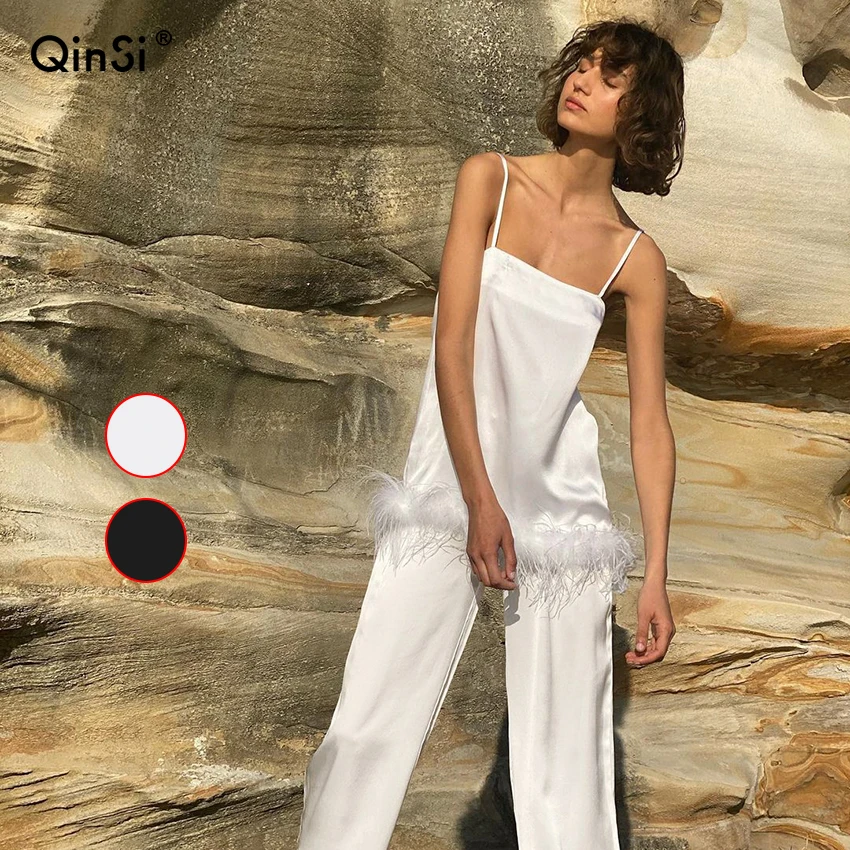 

QINSI Female Sleepwear Sets With Pants Satin Spaghetti Strap Tops Sleeveless Casual Suit Women 2 Piece Set Feathers Pajamas Set