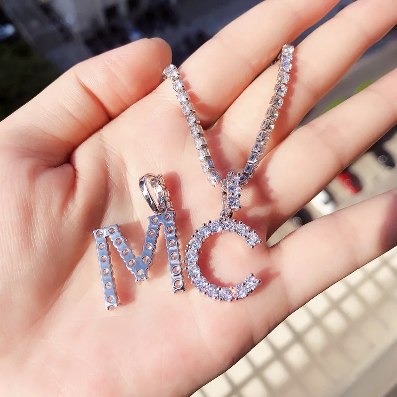 
wholesale alphabet cubic zirconia tennis diamond letter initial pendant necklace silver women jewelry 