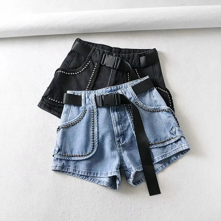 

Summer Women Loose High Waisted Fashion Rivet Vintage Denim Shorts