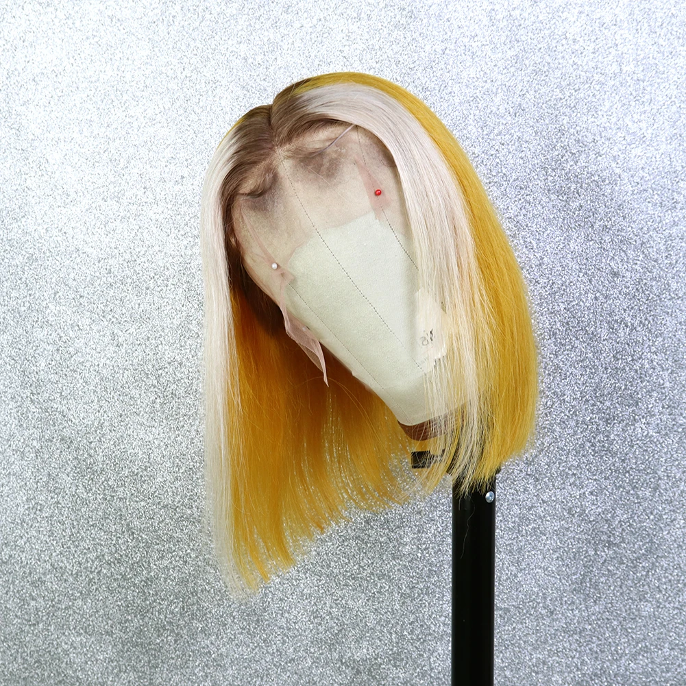 

Yellow Bob Wig Lace Front Human Hair Wig Highlight white Short Straight Hair Colorful Lace Wig Brazilian Virgin with Baby Hair